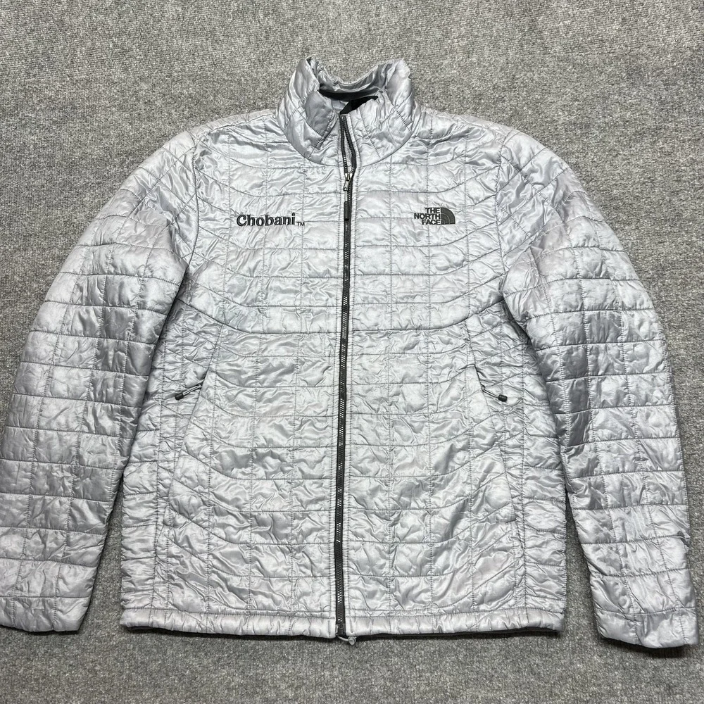 The North Face ThermoBall Eco Jacket Mens M Silver Puffer Full Zip Chobani Logo